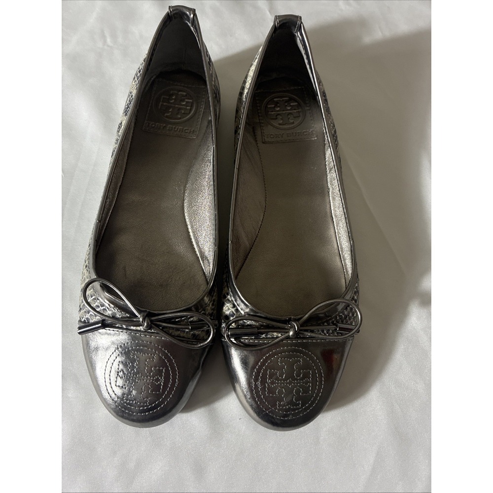 Tory Burch Women's Leather Verbena Flats Size 5 M Pewter and Snakeskin Slip On